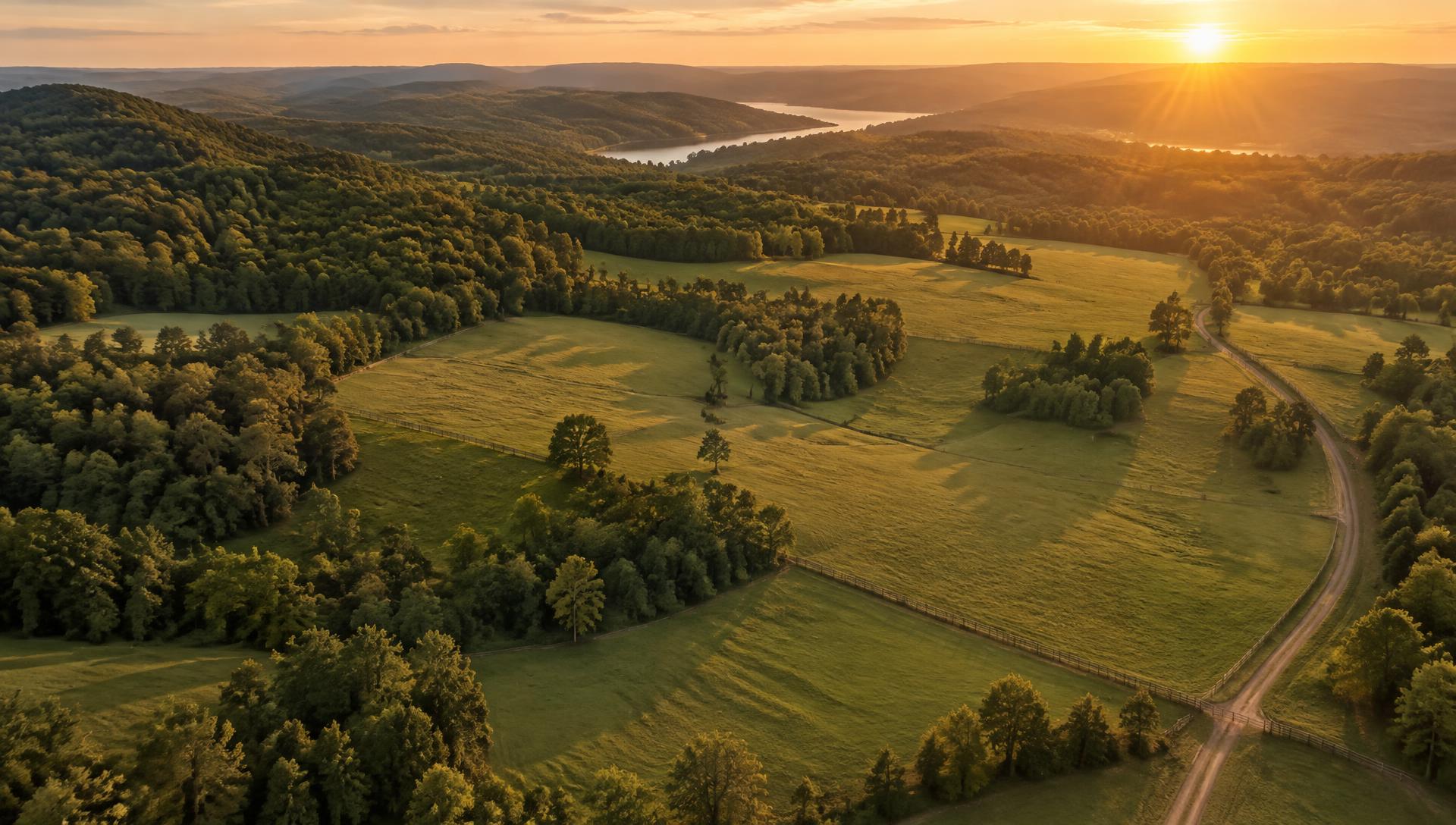 Aerial view of rolling land parcels and wooded tree lines at golden hour